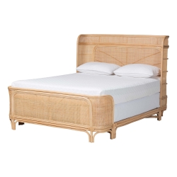 bali & pari Fiore Natural Rattan Bed Frame - Handwoven Wicker Headboard and Footboard with Curved Corners, Boho Coastal Natural Bedroom Furniture, Queen